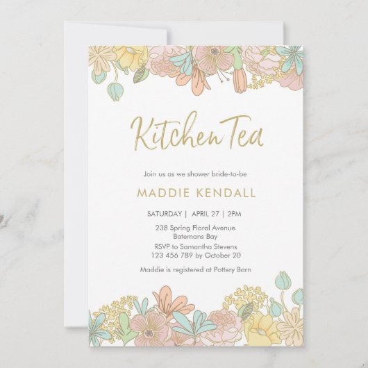 Golden Spring bloemenkeuken Tea Party uitnodiging (Voorkant)