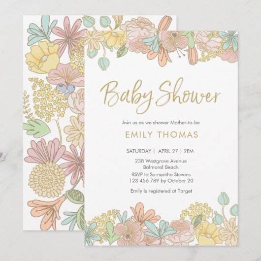 Golden Spring bloemenuitnodiging voor Baby shower Kaart (Voorkant / Achterkant)