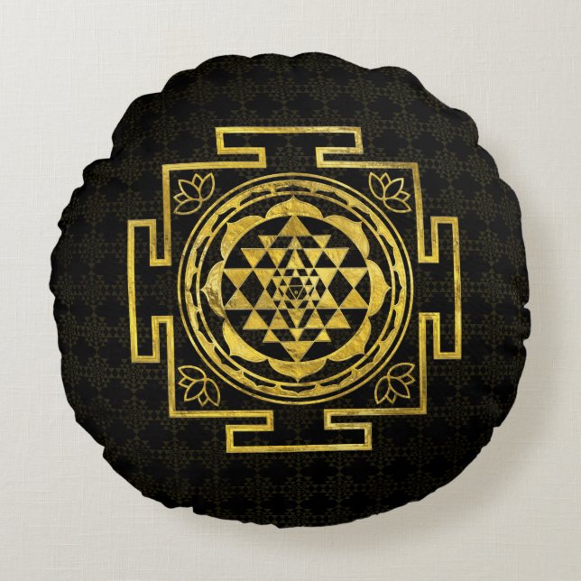 Golden Sri Yantra/Sri Chakra Rond Kussen (Voorkant)