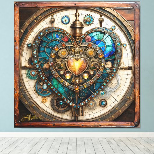 Golden Stained Glass Heart Steampunk Series Canvas Afdruk (Insitu (Houten vloer))