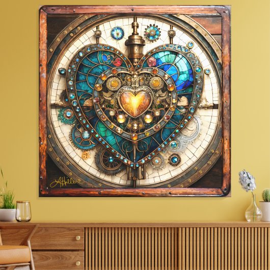 Golden Stained Glass Heart Steampunk Series Canvas Afdruk (Insitu (Woonkamer))