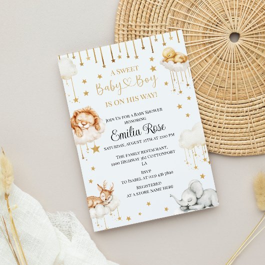 Golden Star Baby Shower Sleeping Forest Animal Kaart