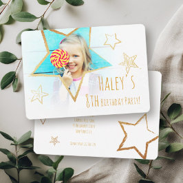 Golden Star Fun Photo Birthday Party Invitation Kaart