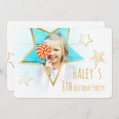 Golden Star Fun Photo Birthday Party Invitation Kaart (Voorkant / Achterkant)