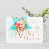 Golden Star Fun Photo Birthday Party Invitation Kaart (Staand voorkant)