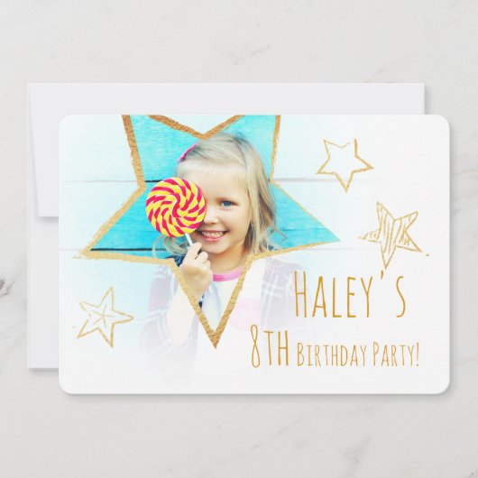 Golden Star Fun Photo Birthday Party Invitation Kaart (Voorkant)