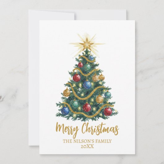 Golden Star watercolor Christmas Tree Card Feestdagenkaart (Voorkant)