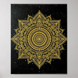 Golden Starburst Mandala on Black Poster