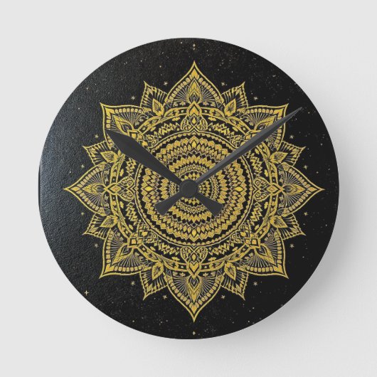 Golden Starburst Mandala on Black Ronde Klok (Voorkant)