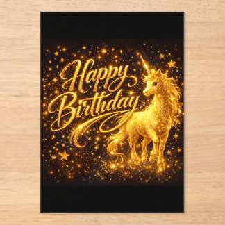 Golden Stardust Birthday — Fantasy Unicorn  Acryl Uitnodigingen