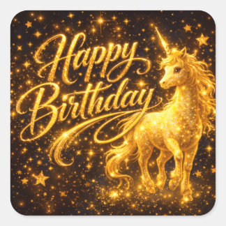 Golden Stardust Birthday — Fantasy Unicorn Vierkante Sticker