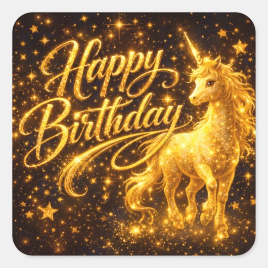 Golden Stardust Birthday — Fantasy Unicorn Vierkante Sticker (Voorkant)