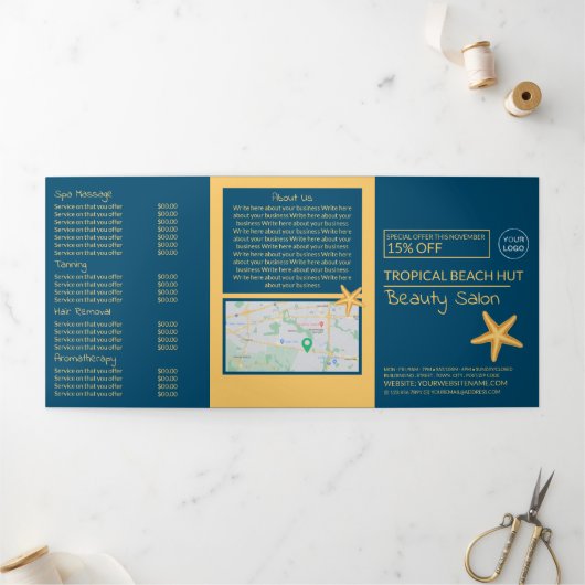 Golden Starfish, Beauty Salon Tri-Fold Flyer Drieluik Uitnodiging (Buitenkant)