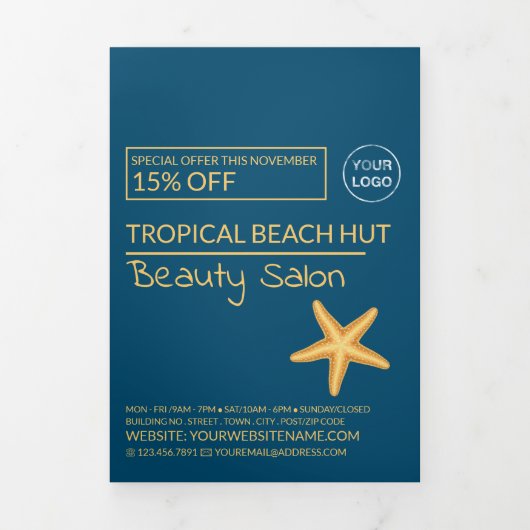 Golden Starfish, Beauty Salon Tri-Fold Flyer Drieluik Uitnodiging (Cover)