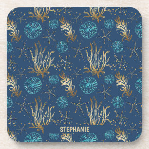 Golden Starfish & Coral Reef Patroon op Blauw Bier Onderzetter