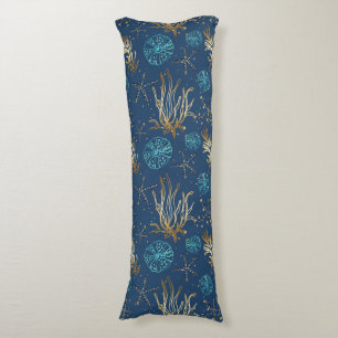 Golden Starfish & Coral Reef Patroon op Blauw Lichaamskussen