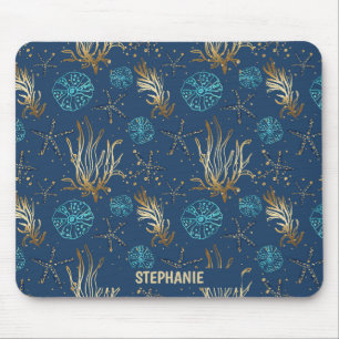 Golden Starfish & Coral Reef Patroon op Blauw Muismat