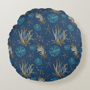 Golden Starfish & Coral Reef Patroon op Blauw Rond Kussen