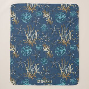 Golden Starfish & Coral Reef Patroon op Blauw Sherpa Deken