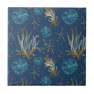 Golden Starfish & Coral Reef Patroon op Blauw Tegeltje
