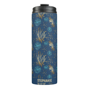 Golden Starfish & Coral Reef Patroon op Blauw Thermosbeker