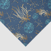 Golden Starfish & Coral Reef Patroon op Blauw Tissuepapier (Detail)