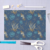 Golden Starfish & Coral Reef Patroon op Blauw Tissuepapier (Craft)