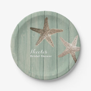 Golden Starfish & Wood Elegant Beach Custom Party Papieren Bordje