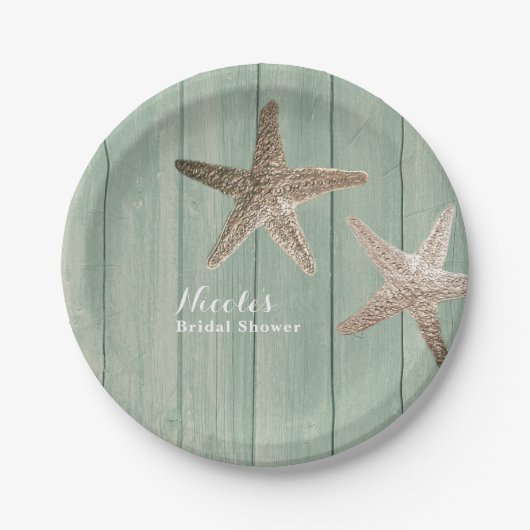 Golden Starfish & Wood Elegant Beach Custom Party Papieren Bordje (Voorkant)