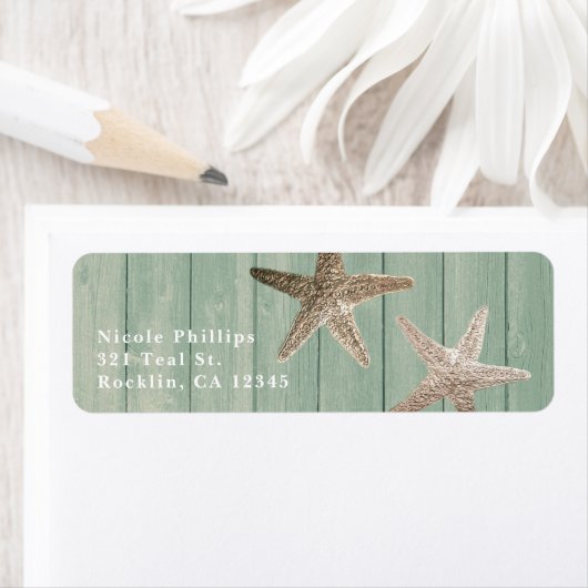 Golden Starfish & Wood Elegant Beach Invitation Etiket (Insitu)
