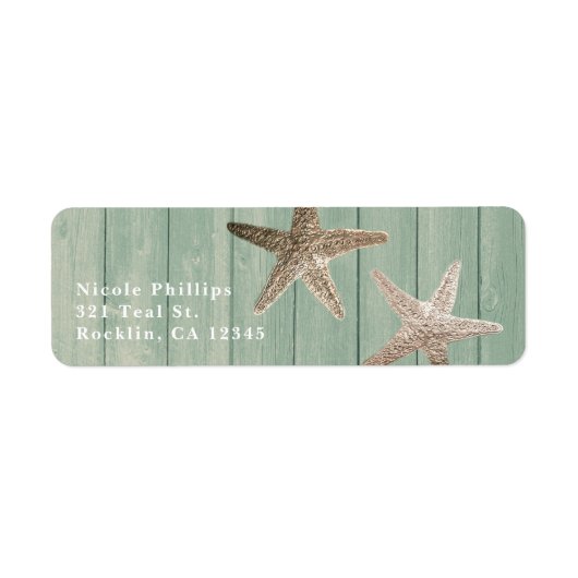 Golden Starfish & Wood Elegant Beach Invitation Etiket (Voorkant)