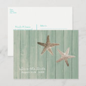Golden Starfish & Wood Elegant Beach Save the Date Aankondigingskaart (Voorkant / Achterkant)