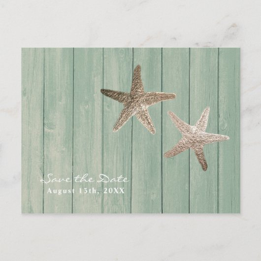 Golden Starfish & Wood Elegant Beach Save the Date Aankondigingskaart (Voorkant)
