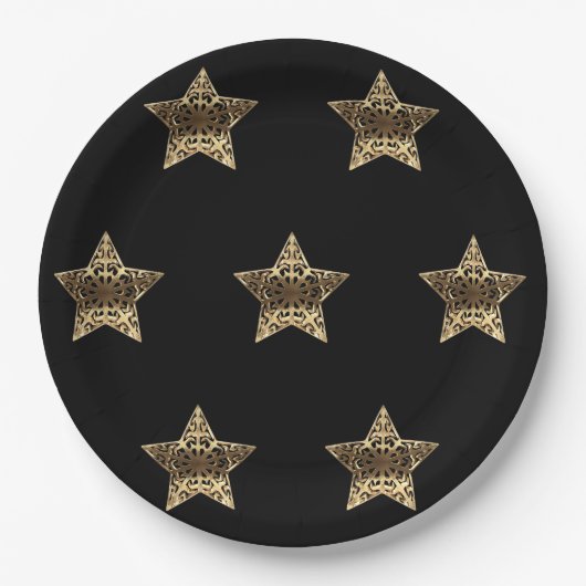 Golden Stars Black en Gold Festive Elegant Papieren Bordje (Voorkant)