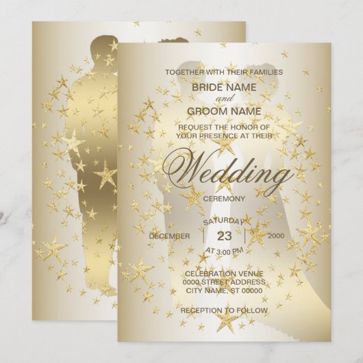 Golden Stars Bride And Groom Wedding Kaart (Voorkant / Achterkant)