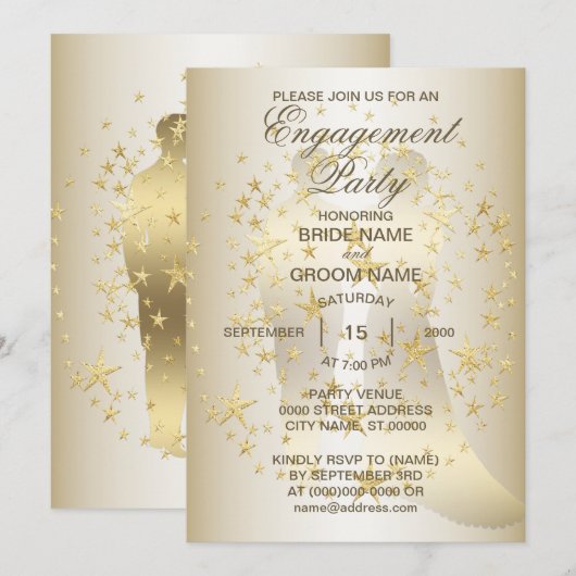 Golden Stars Bride en Groom Engagement Party Kaart (Voorkant / Achterkant)