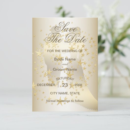 Golden Stars Bride en Groom Save The Date (Staand voorkant)