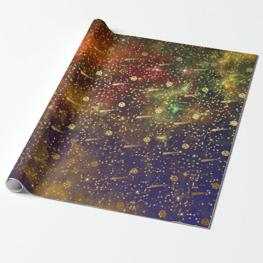 Golden Stars Confetti Celestial Firmament Comets Cadeaupapier (Uitgerold)