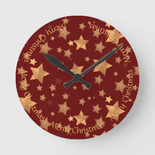 Golden Stars Donker Rood Licht Elegant Stijlvol Ronde Klok