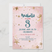 Golden Stars en Roze Kids Verjaardagsfeestje Kaart (Voorkant)