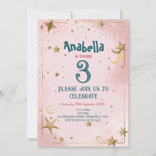 Golden Stars en Roze Kids Verjaardagsfeestje Kaart (Voorkant)