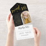Golden Stars & Flares Arch Foto Sweet 16 All In One Uitnodiging<br><div class="desc">Alles in één Sweet 16 invitatie ideaal voor een sterrennacht thema met een zwarte achtergrond,  gouden folie lettertypen,  en kleine gouden folie sterren en fakkels vergelijkbaar met een sterrenhemel 's nachts. Voeg een foto toe van het verjaardagsmeisje in een boogvorm.</div>