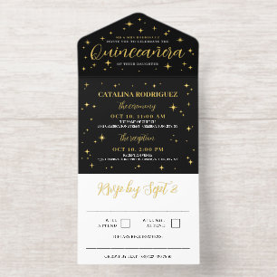 Golden Stars & Flares Geen foto Quinceañera All In One Uitnodiging