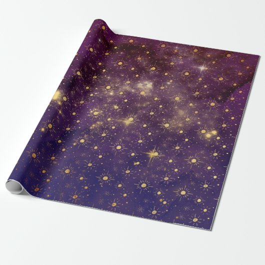Golden Stars Galaxy Celestial Planets Paars Cadeaupapier (Uitgerold)