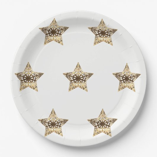 Golden Stars White en Gold Festive Elegant Papieren Bordje (Voorkant)