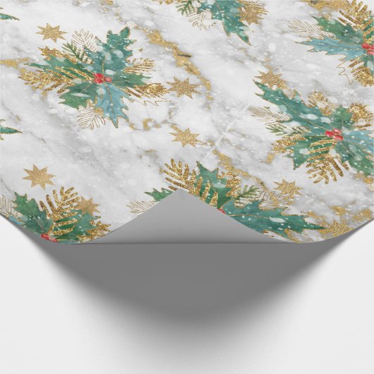 Golden sterren glitter met holbessen en bladeren cadeaupapier (Hoek)