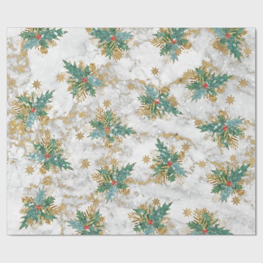 Golden sterren glitter met holbessen en bladeren cadeaupapier (Vlak)