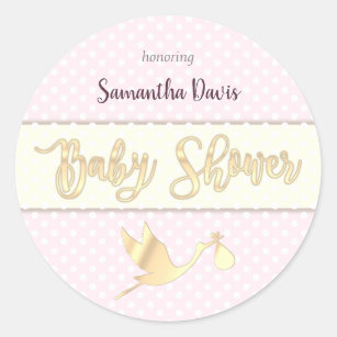Golden Stork Baby Girl Baby shower Ronde Sticker