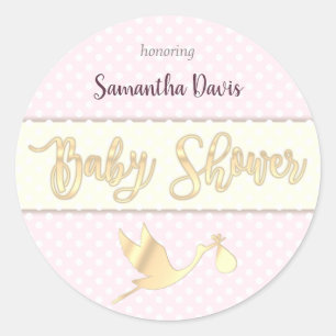 Golden Stork Baby Girl Baby shower Ronde Sticker