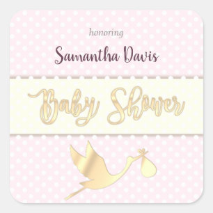 Golden Stork Baby Girl Baby shower Vierkante Sticker